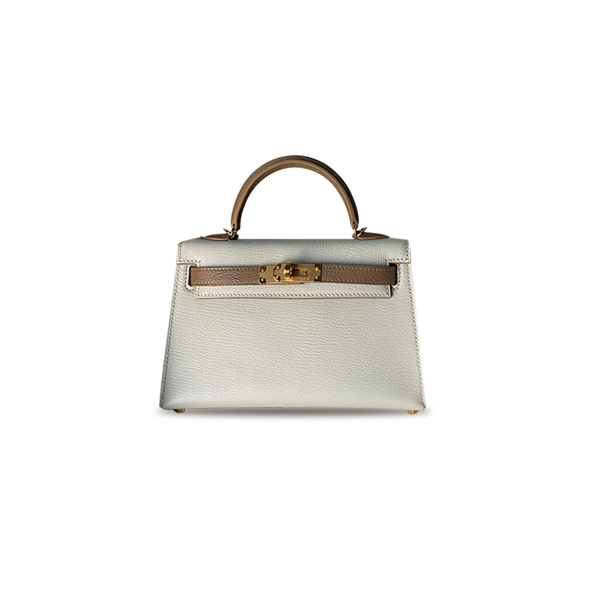 HERMÈS MINI KELLY II CHEVER PEARL GRAY WITH ELEPHANT GRAY GOLD BUCKLE(19*12*5.5cm)